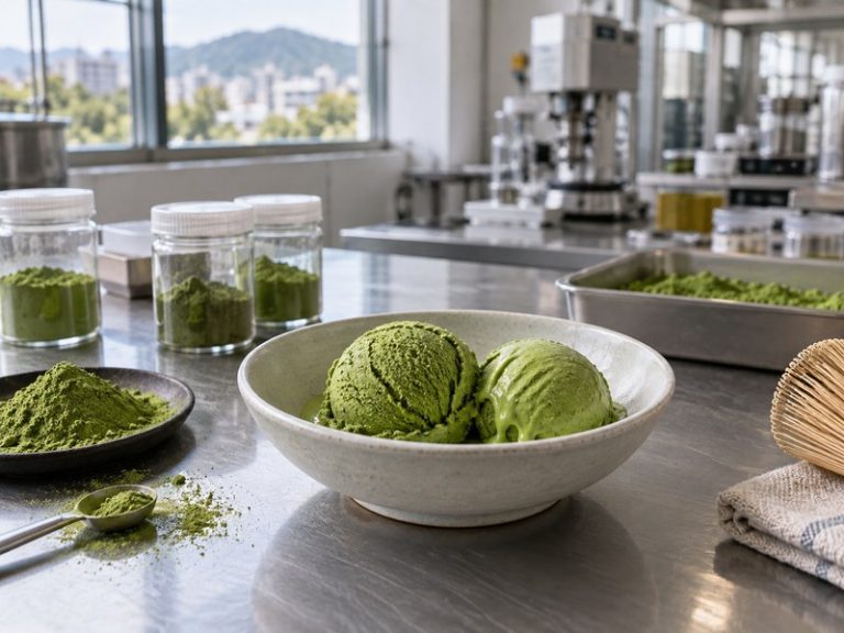 Scoops of green matcha ice cream in a chilled serving bowl