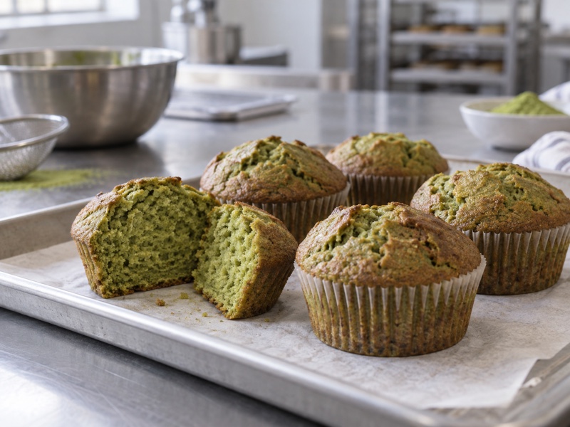 Cut matcha muffins showing a tender naturally green crumb