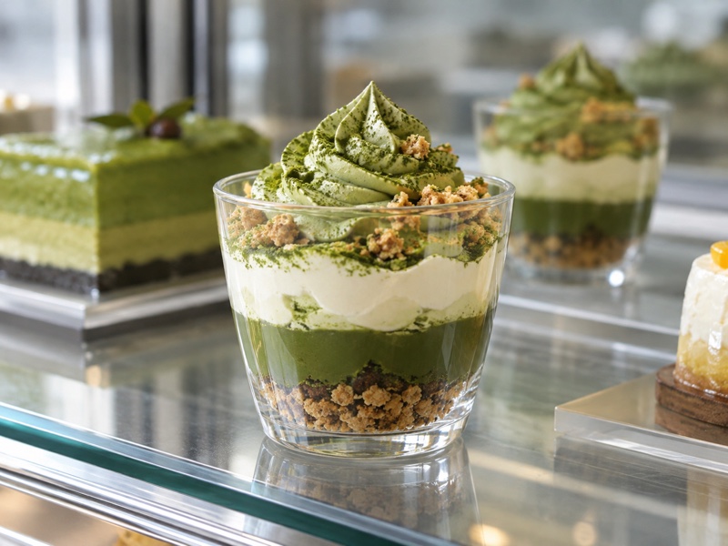 A transparent matcha parfait showing cream, tea, and crisp layers in a dessert case