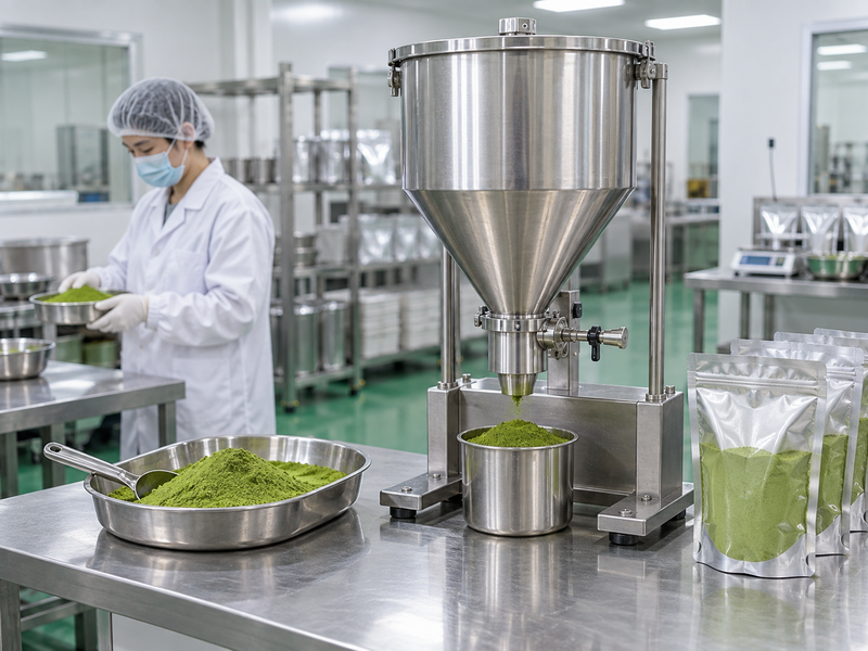 Matcha powder handling setup with a small food-grade hopper