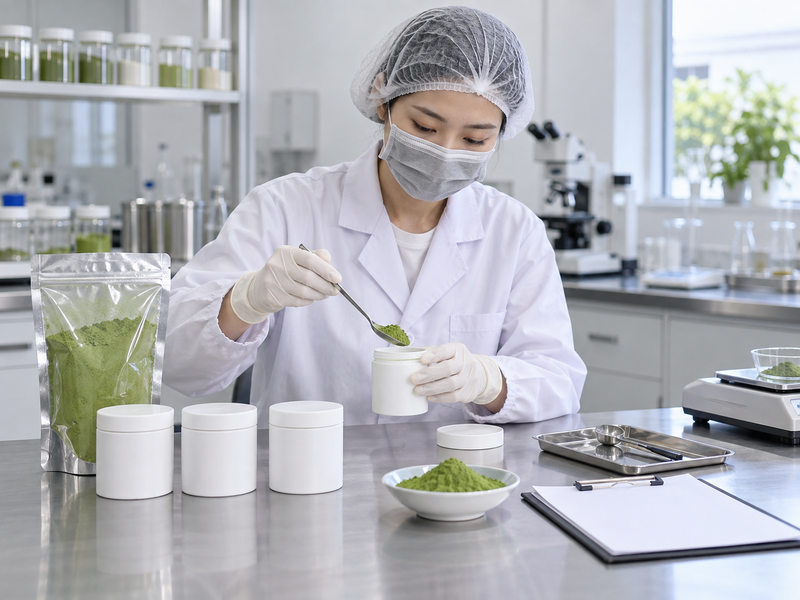 Sealed matcha trial samples beside identical covered containers