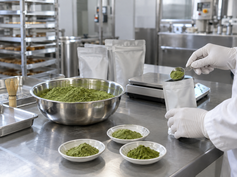 Matcha powder samples beside blank private label packs