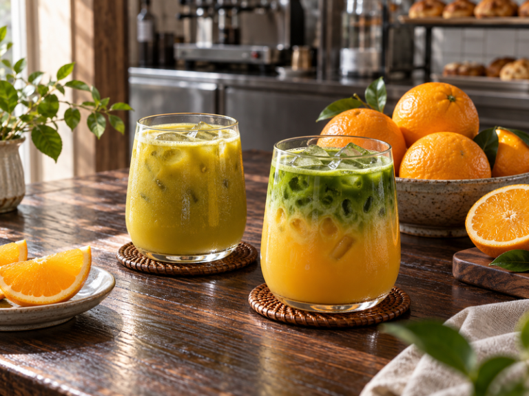 orange matcha prepared for professional cafe or bakery service