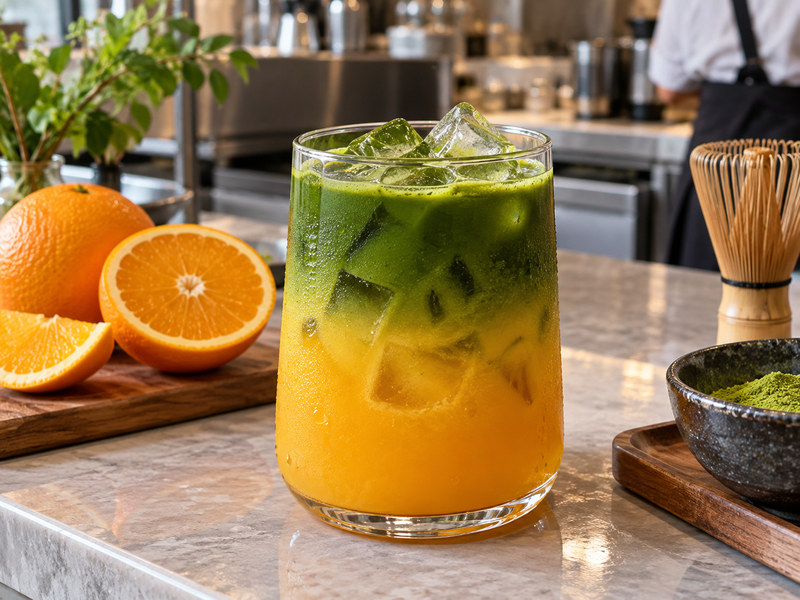 Orange matcha with a green tea layer above orange juice and clear ice