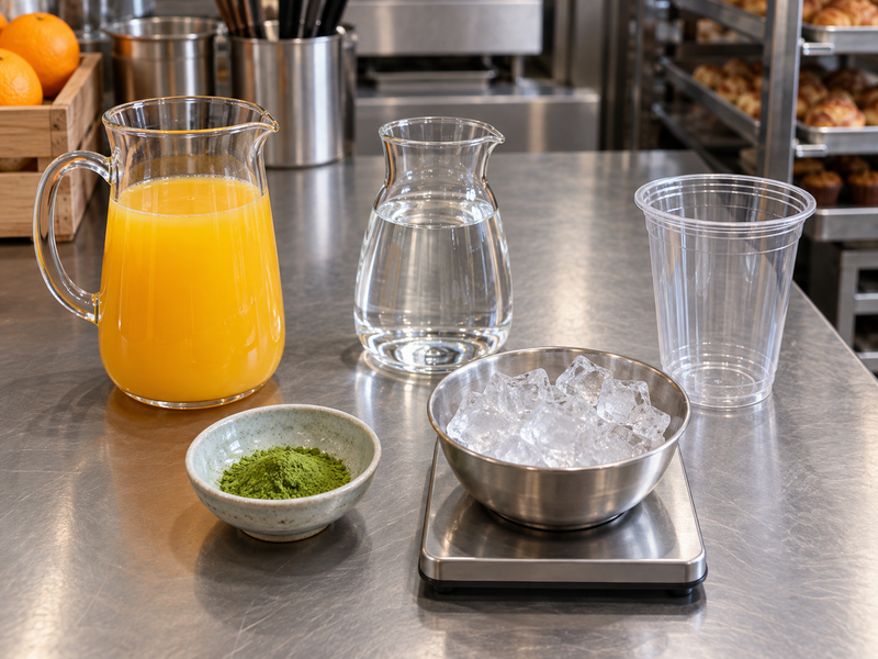 Orange juice, matcha powder and weighed ice prepared for a controlled cafe cup trial