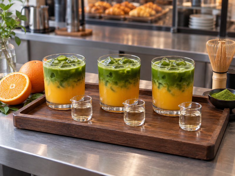 Three orange matcha samples with measured syrup portions in small clear cups