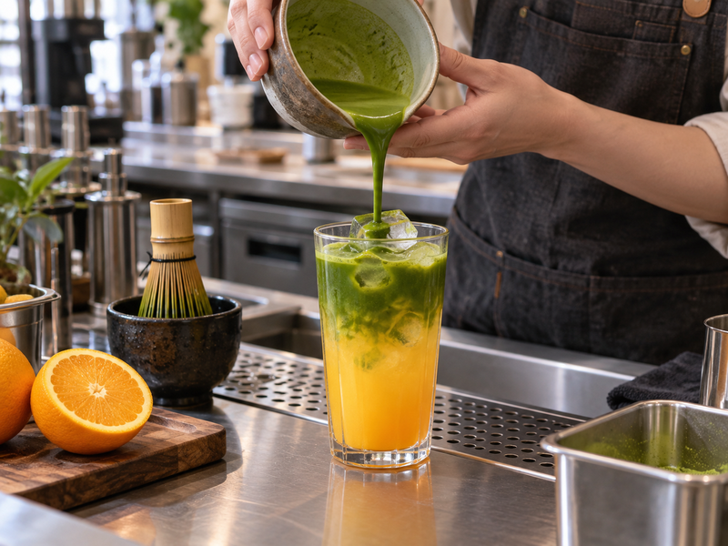 Barista hands pouring a green matcha portion over iced orange juice at the service counter