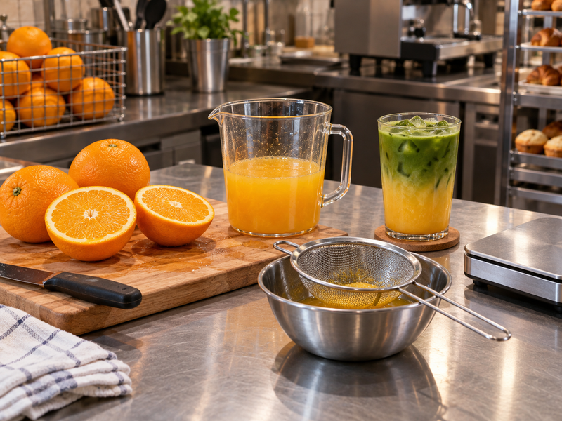 Fresh orange halves, strained juice and a scale beside a finished orange matcha cup