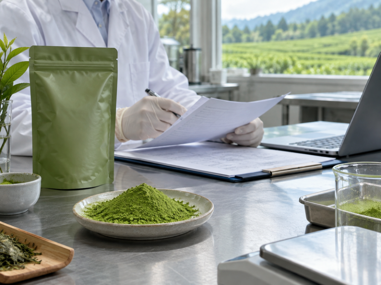 Matcha ingredient records reviewed alongside a sealed pouch