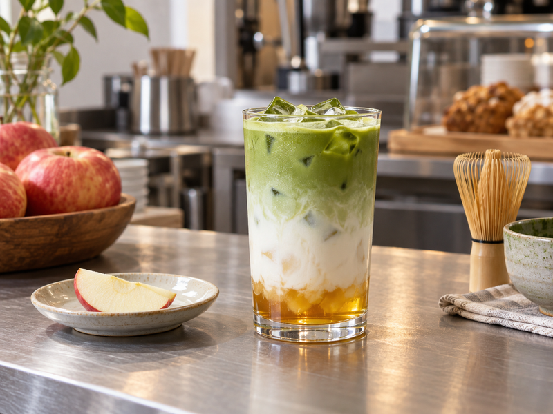 Apple matcha latte with green tea, pale milk and amber apple syrup in a clear glass
