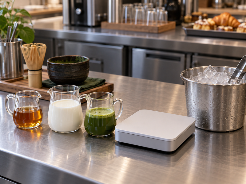 Measured apple syrup, milk and matcha portions on a cafe workbench for a latte trial