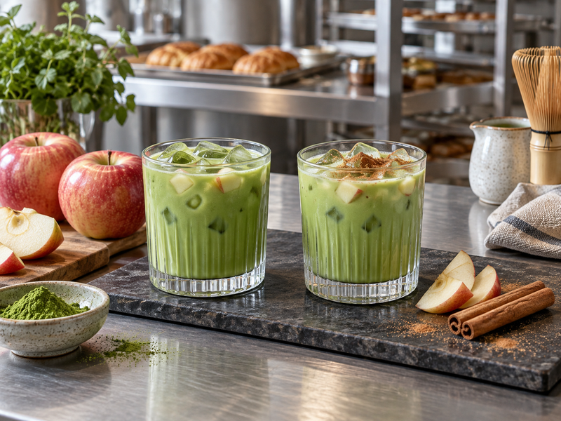 Plain and lightly spiced apple matcha samples beside cinnamon and apple pieces