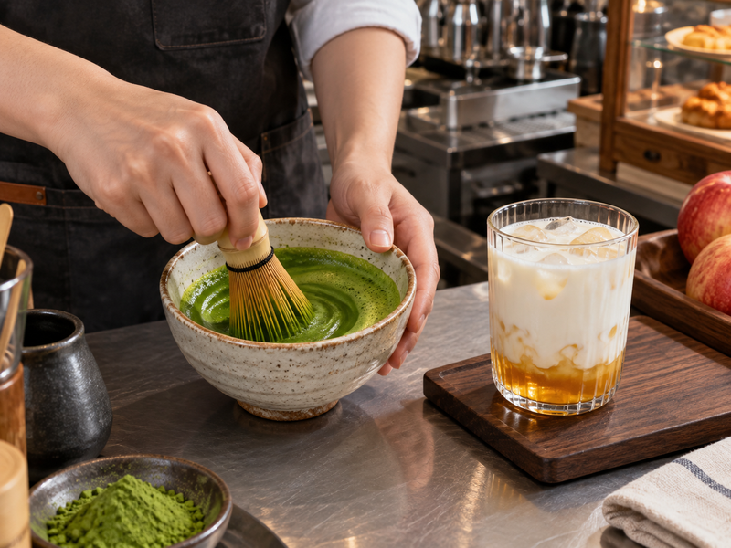 Barista whisking a smooth matcha portion while apple syrup and milk wait in a glass