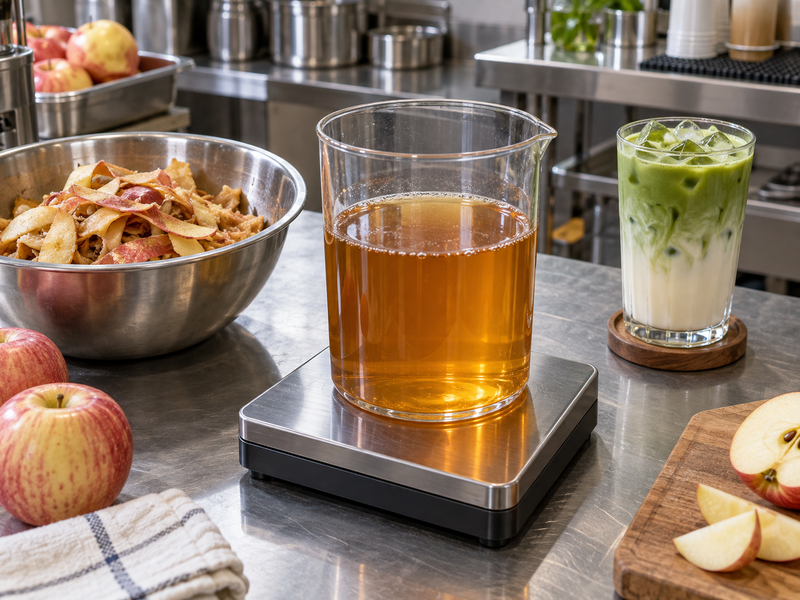 Apple syrup yield being weighed beside prepared fruit trim and finished iced latte