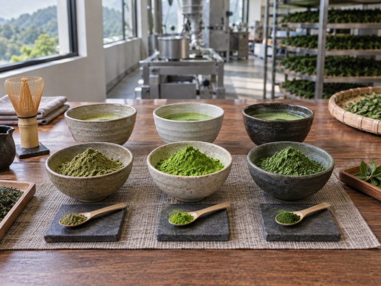Best matcha powder tasting setup with three unbranded green tea samples