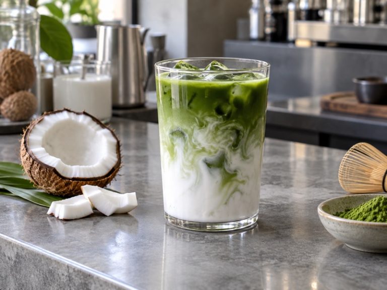 Coconut milk and matcha forming natural cloudy layers in a café glass