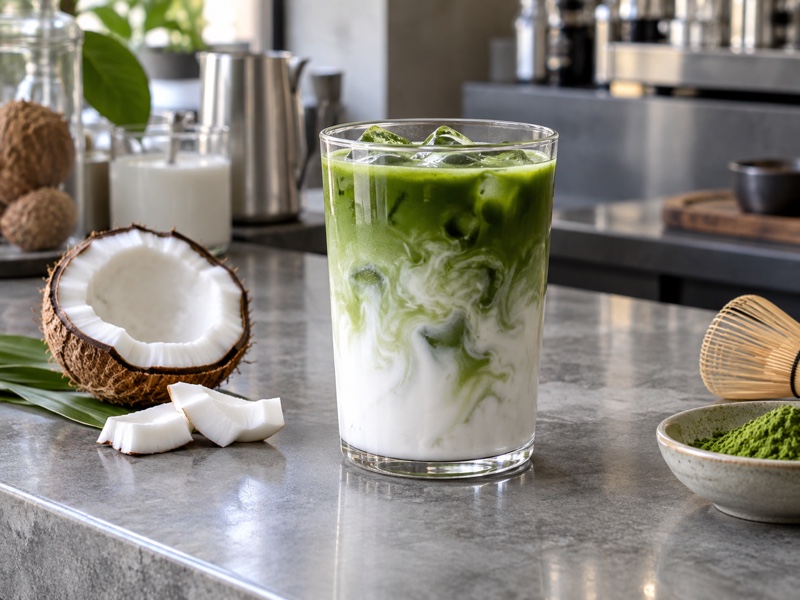 Coconut milk and matcha forming natural cloudy layers in a café glass