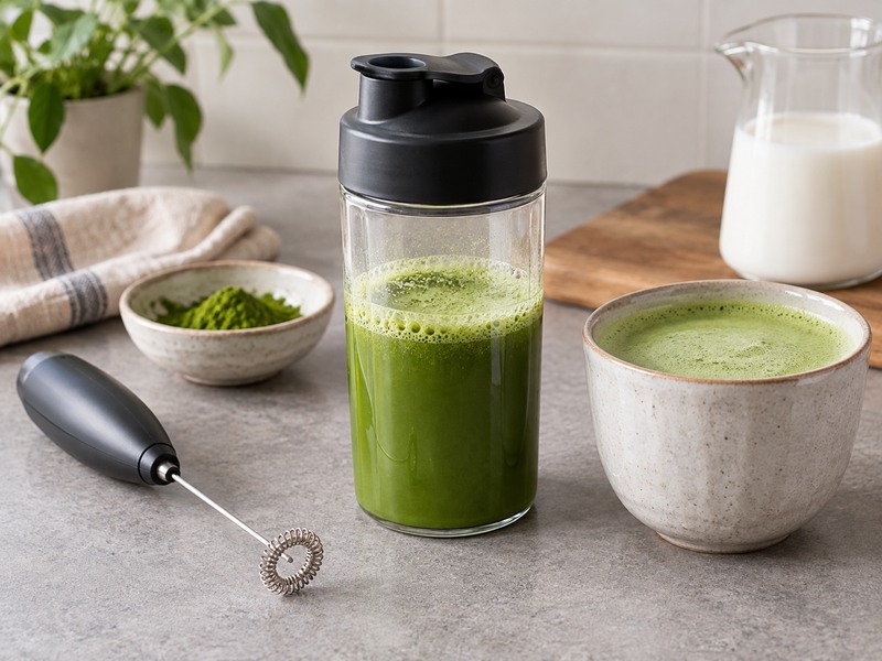 Matcha prepared in a shaker without a bamboo whisk