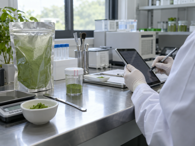 Tamper-evident matcha sample prepared for laboratory intake