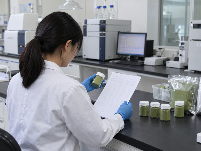 Laboratory staff reviewing the scope of a submitted powder sample