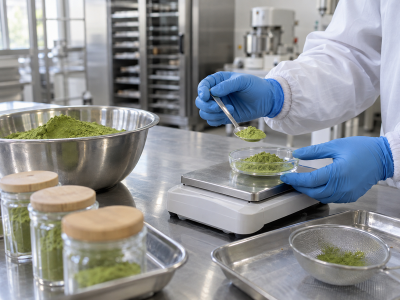 A matcha lot sample being checked in a quality lab