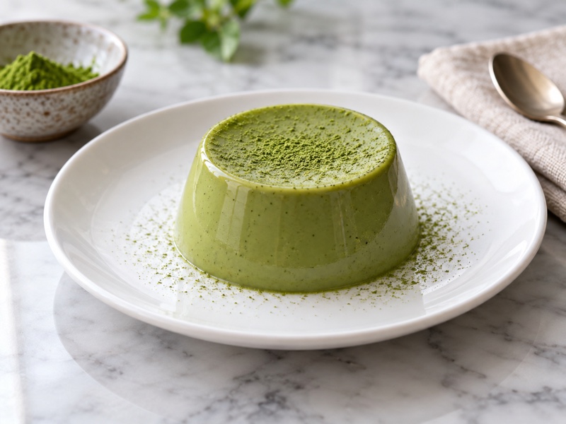A gently unmolded pale green matcha panna cotta on a white dessert plate