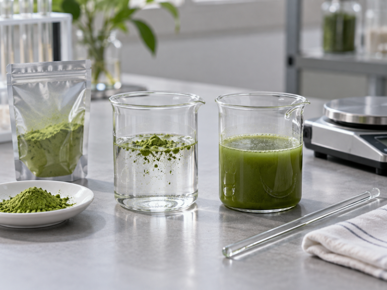Matcha powder and liquid addition trial on a food laboratory bench