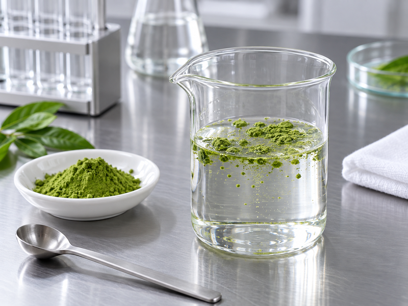 Initial contact between matcha powder and water in a clear beaker