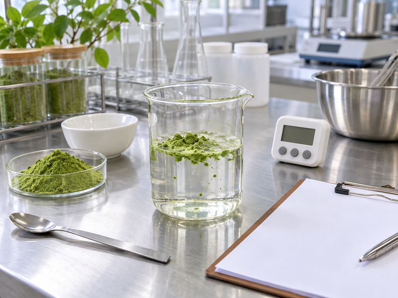 Visible matcha powder islands during a liquid contact observation
