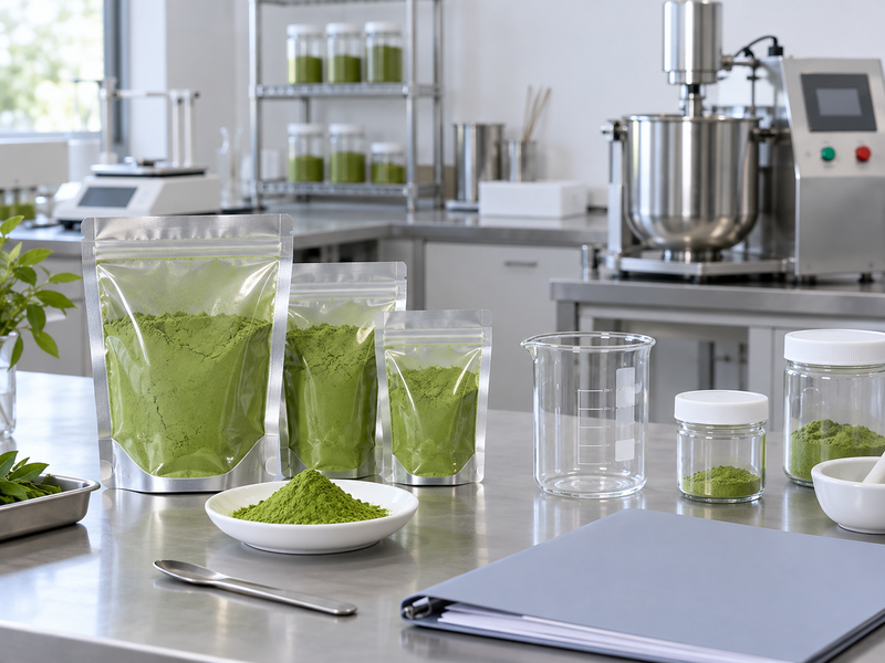 Supplier matcha sample kit beside plain trial records