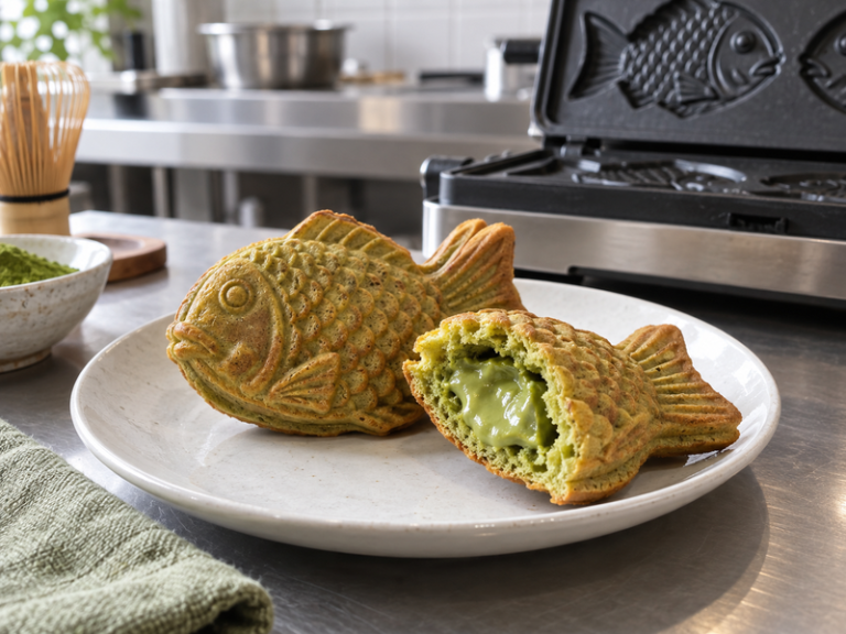 Matcha taiyaki with a sweet bean center ready for cafe service