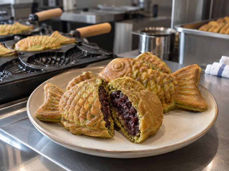 Matcha taiyaki cut through the body to inspect its bean filling