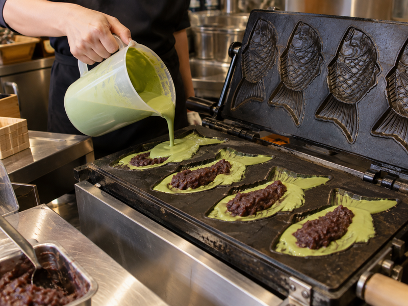 Matcha batter and bean filling placed inside fish-shaped griddle cavities