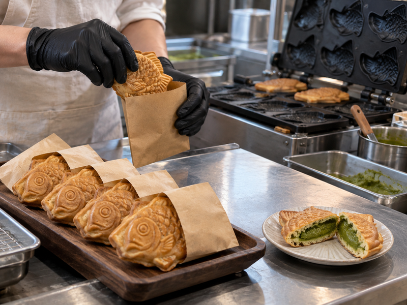 Finished taiyaki orders and a cut assessment sample at the cafe pass