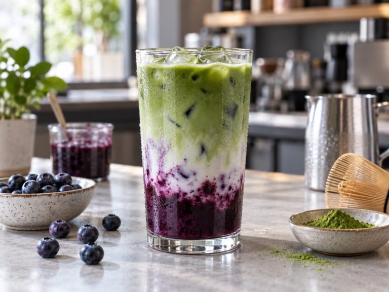 Blueberry and matcha layers in a clear café glass with real berries