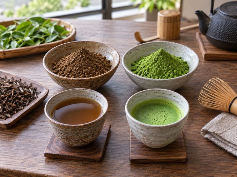 Hojicha vs matcha samples showing roasted brown and green tea powders