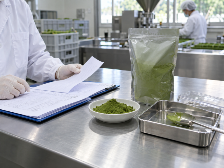 Matcha ingredient and allergen documentation on a clean bench