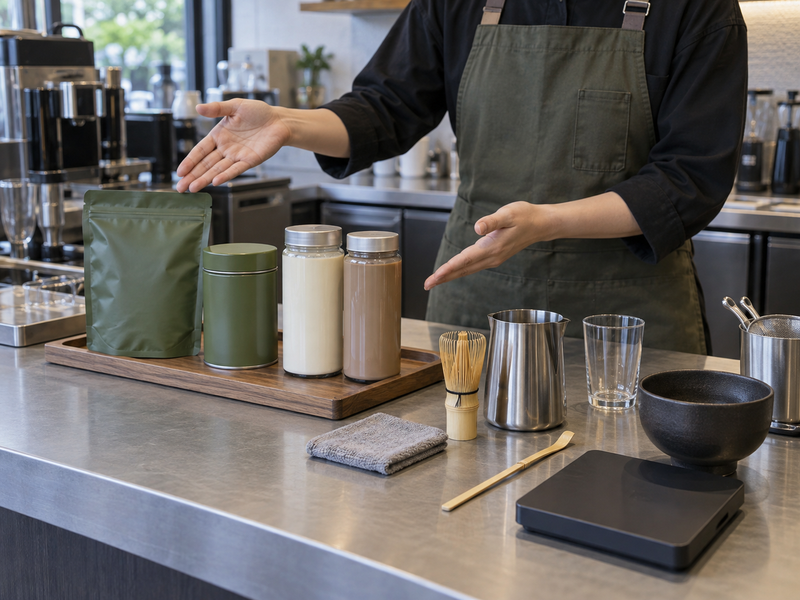 An organized café preparation setup for recipe and cross-contact review