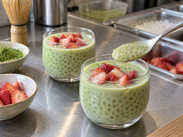 Creamy matcha sago with small pearls and fruit ready to serve