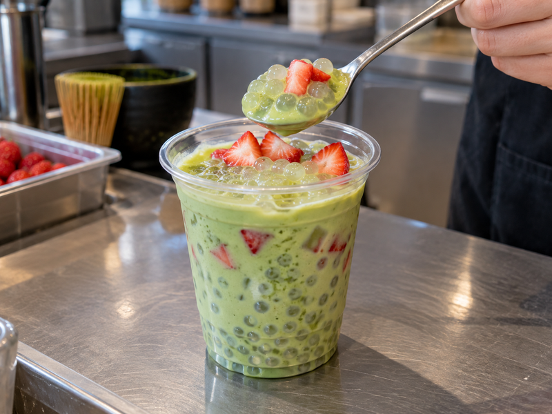 Matcha sago showing tiny pearls in a pale green dessert base