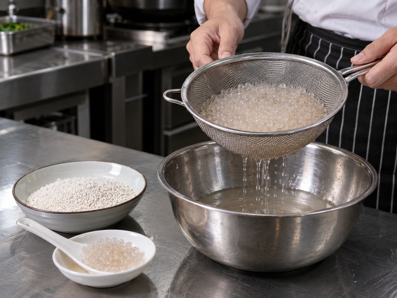 Small tapioca pearls checked after cooking and controlled draining
