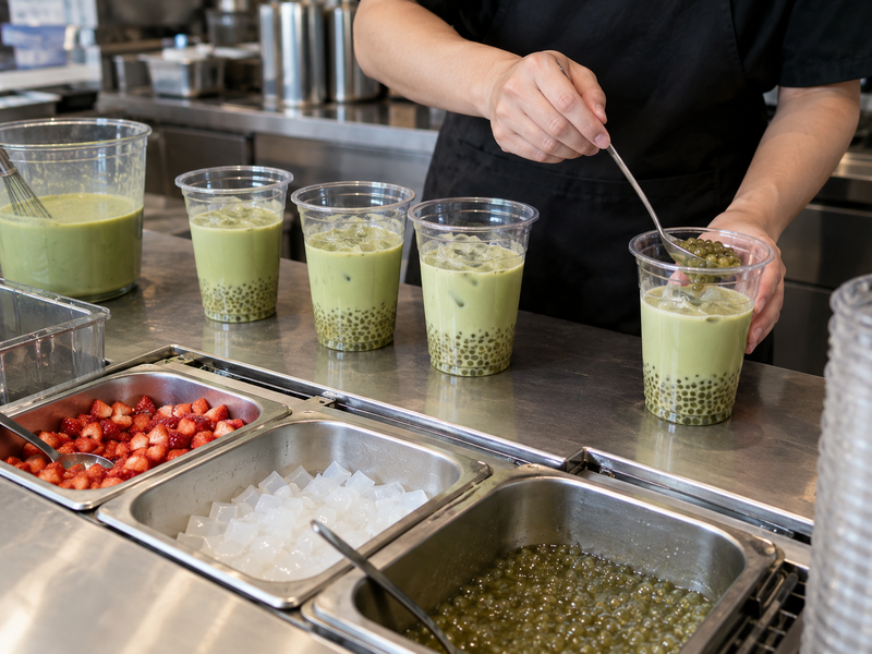 Pearl and matcha liquid portions compared before adding toppings