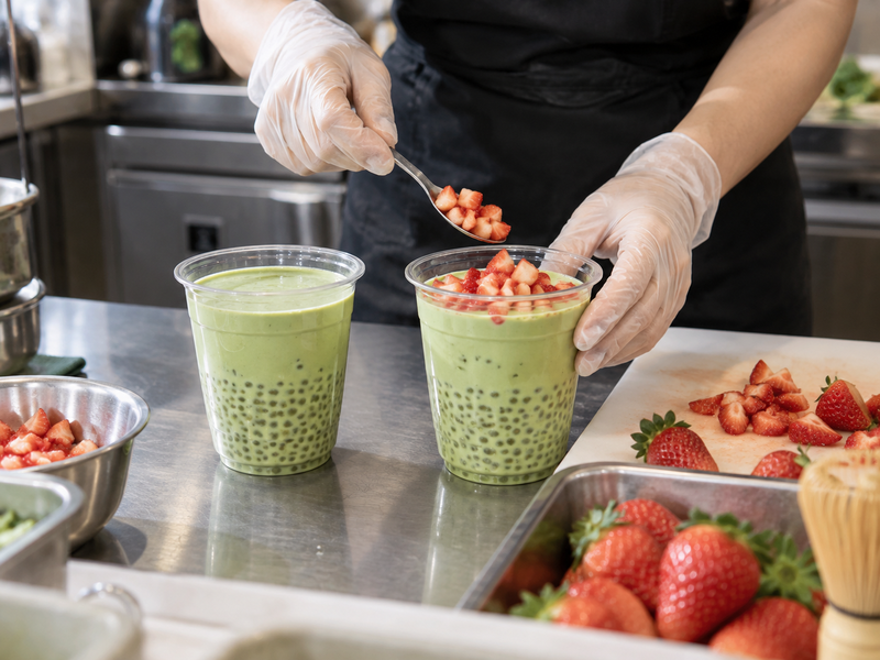 Strawberry additions evaluated in a complete matcha sago cup