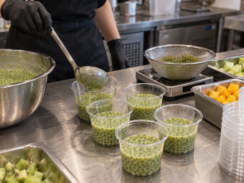 Drained pearls and prepared fruit weighed for matcha sago costing