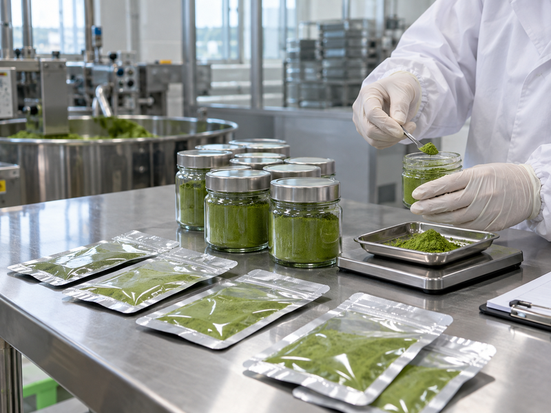 Sealed matcha lot samples in a quality room