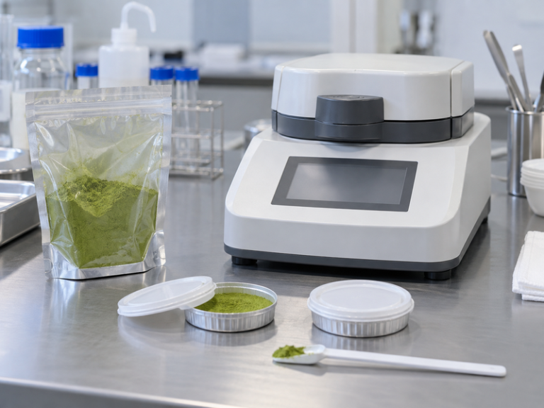Matcha sample cups and a water activity instrument in a food laboratory