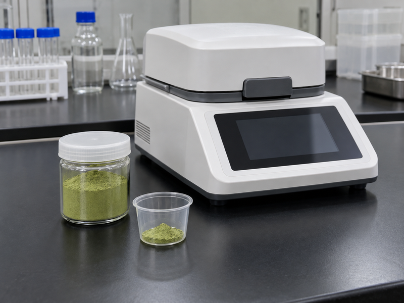 Matcha powder in a sample cup beside a closed laboratory instrument