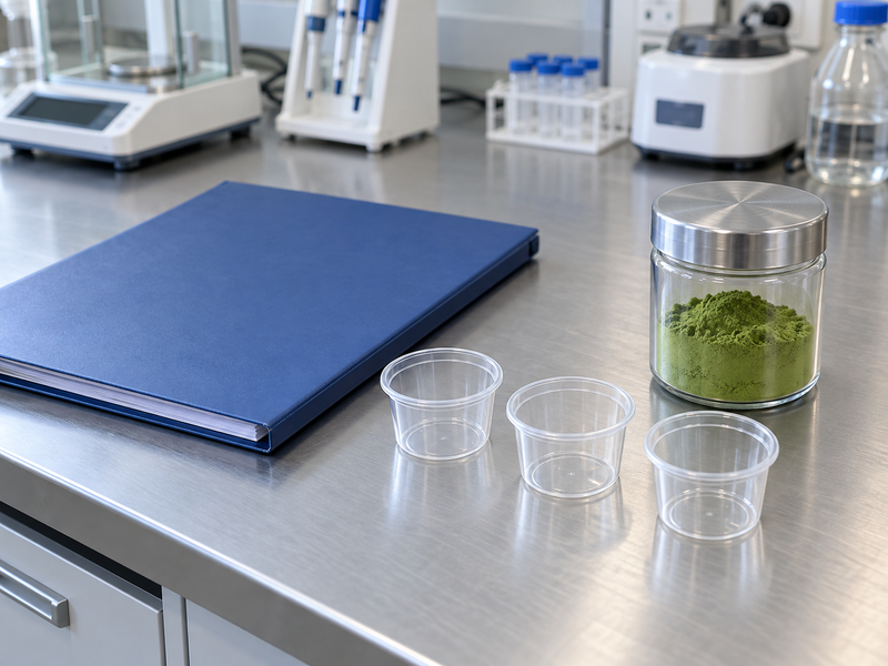 Plain method records and matcha sample cups on a laboratory bench