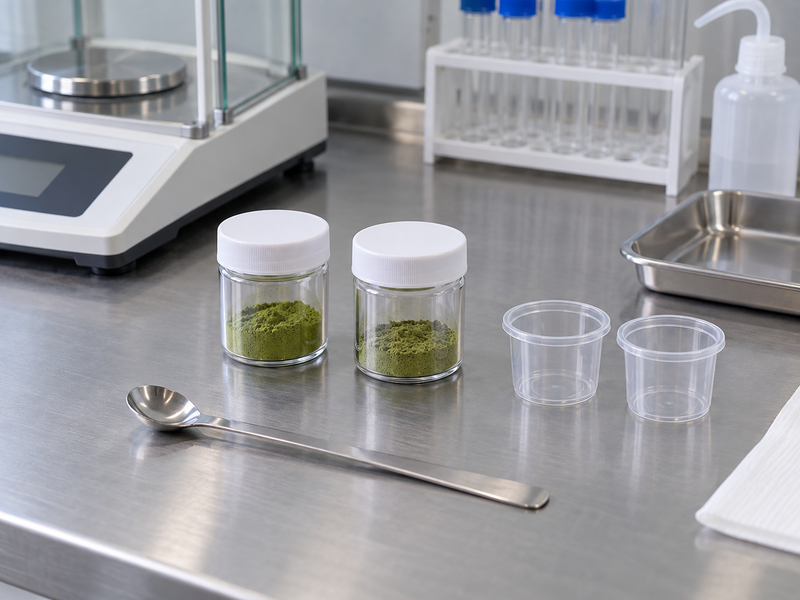 Sealed matcha portions prepared for controlled laboratory sampling