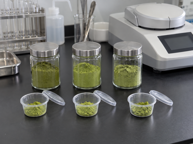 Matched matcha sample cups for a supplier report comparison